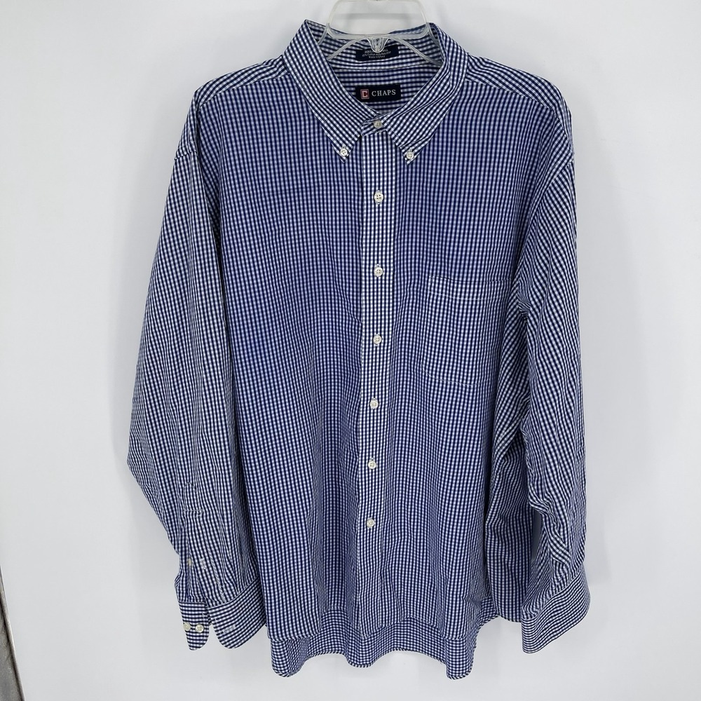 Chaps Men's Blue White Gingham Twill Long Sleeve Button‎ Up Dress Shirt Size XXL